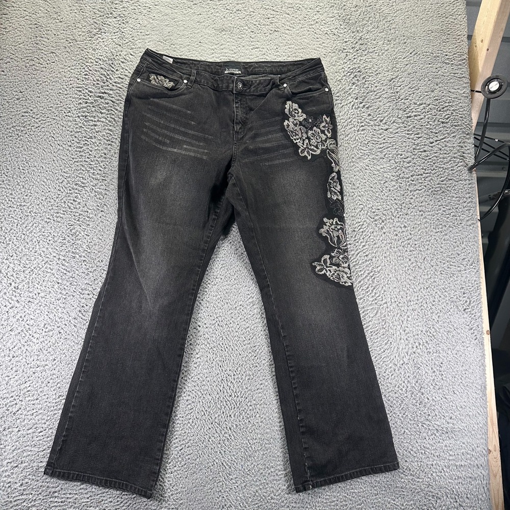 B. Street Jeans Womens 18W Gray Cotton Denim Bootcut Floral Faded Travel Stretch